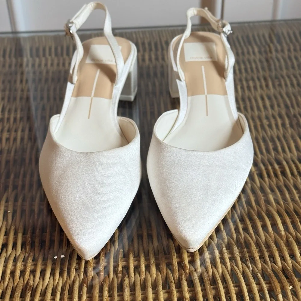 Dolce Vita Carel Pointed Toe Low Block Heel Pumps True White Satin Sz 7